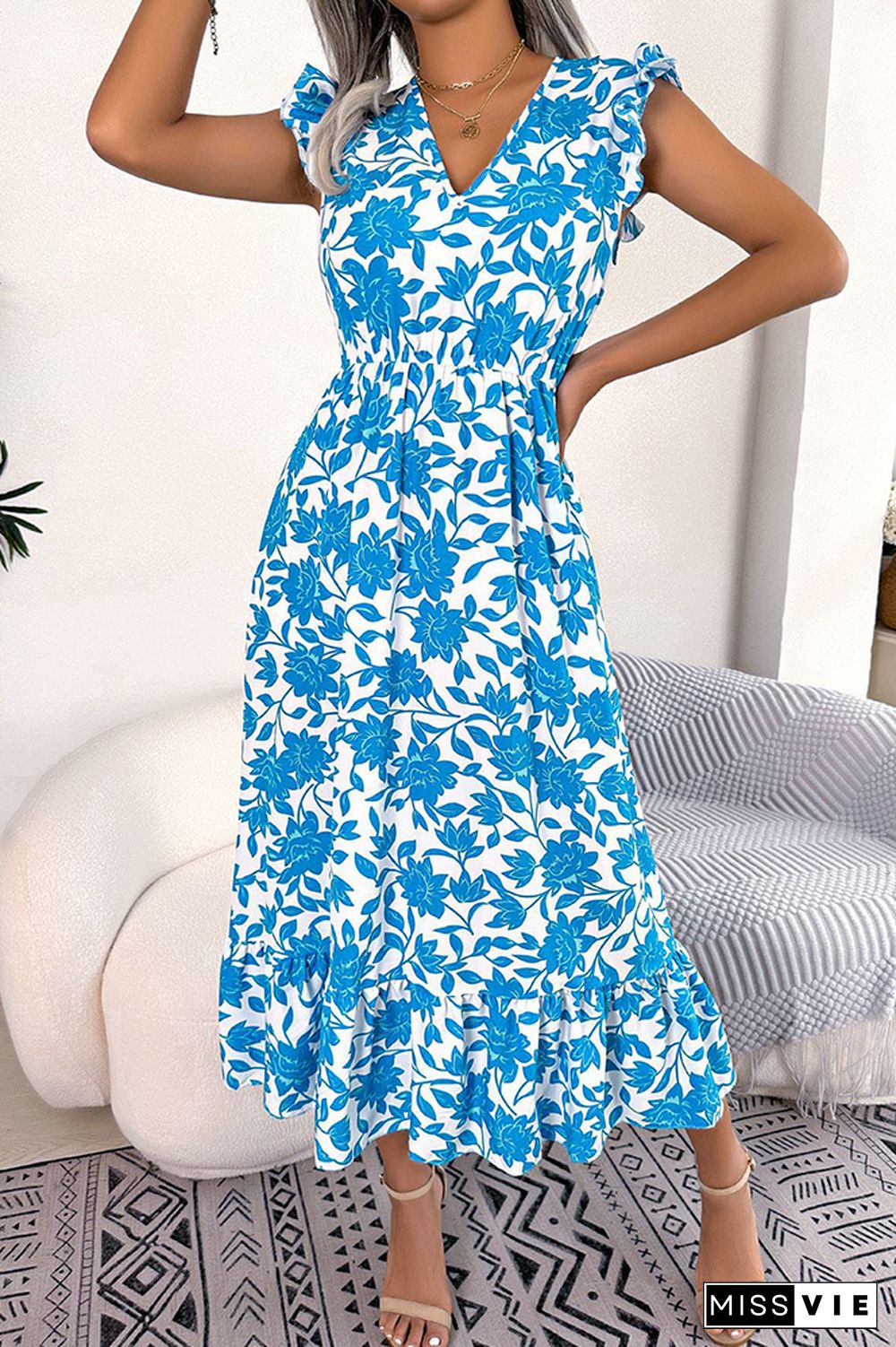 V Neck Flutter Sleeves Maxi Floral Dress