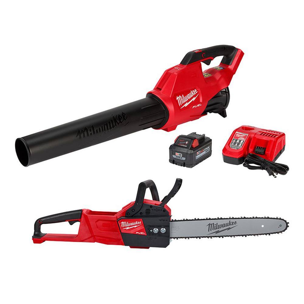 MW M18 FUEL 120 MPH 450 CFM 18-Volt Lithium-Ion Brushless Cordless Handheld Blower Kit wM18 FUEL 16 in. Chainsaw(2-Tool) 2724-21HD-2727-20