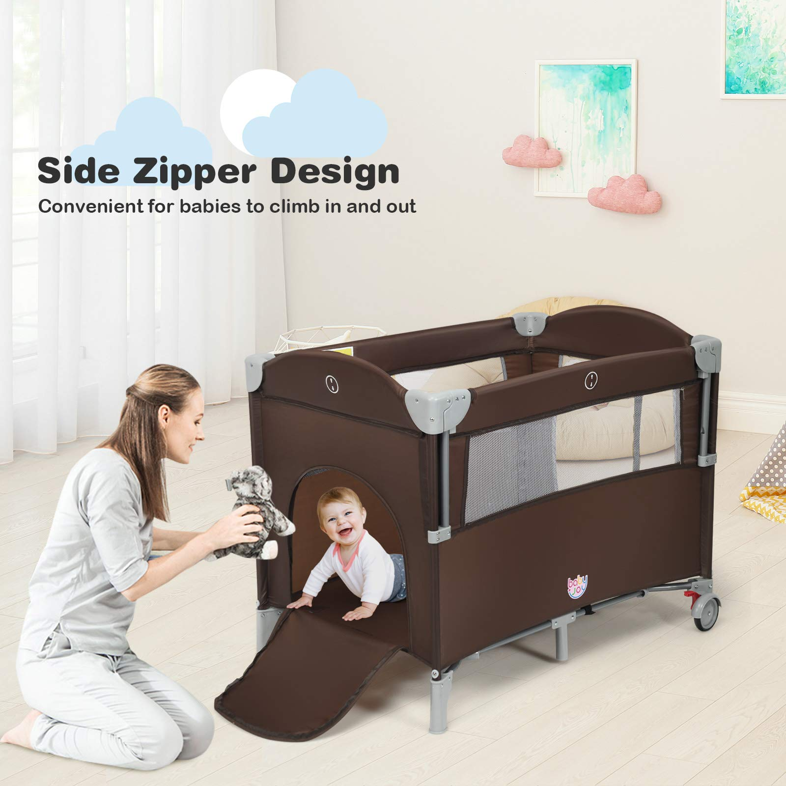 BABY JOY 5-in-1 Pack and Play, Baby Bedside Sleeper with Bassinet, Multifunction Baby Playard