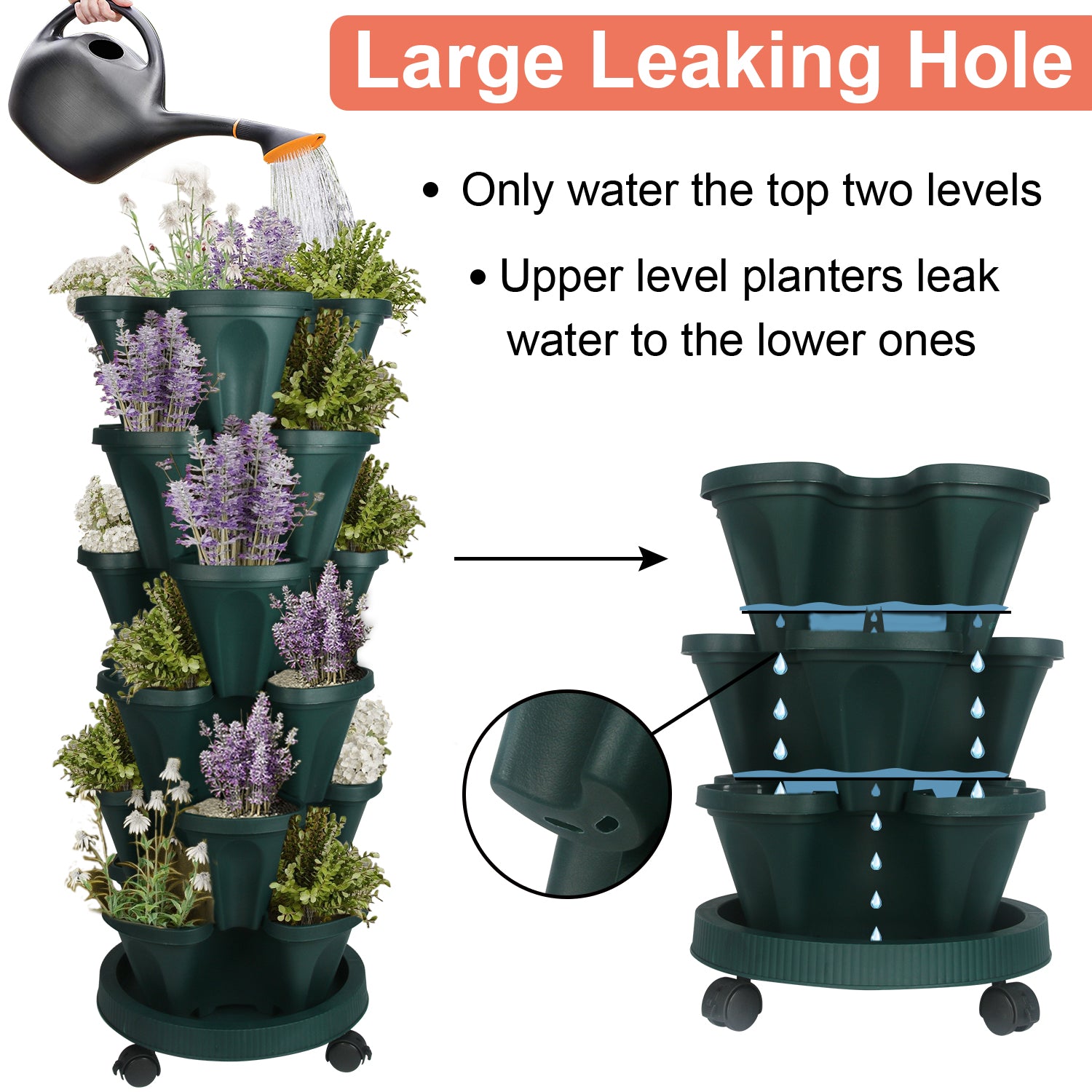 Stacking Flower Pot Tower- Space Saving 3-Tire Indoor Outdoor Vertical Stackable Plastic Herb and Flower Planters - Green