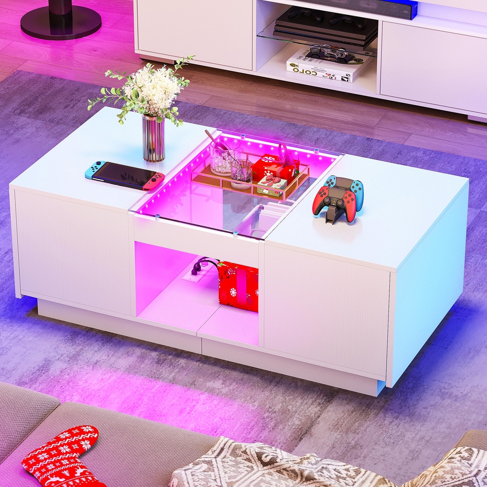 Modern Wood Coffee Table with Storage Drawers and LED Lighting