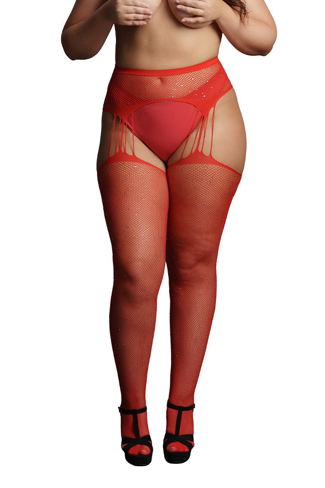 Le Désir Red Suspender Rhinestone Pantyhose in OSXL