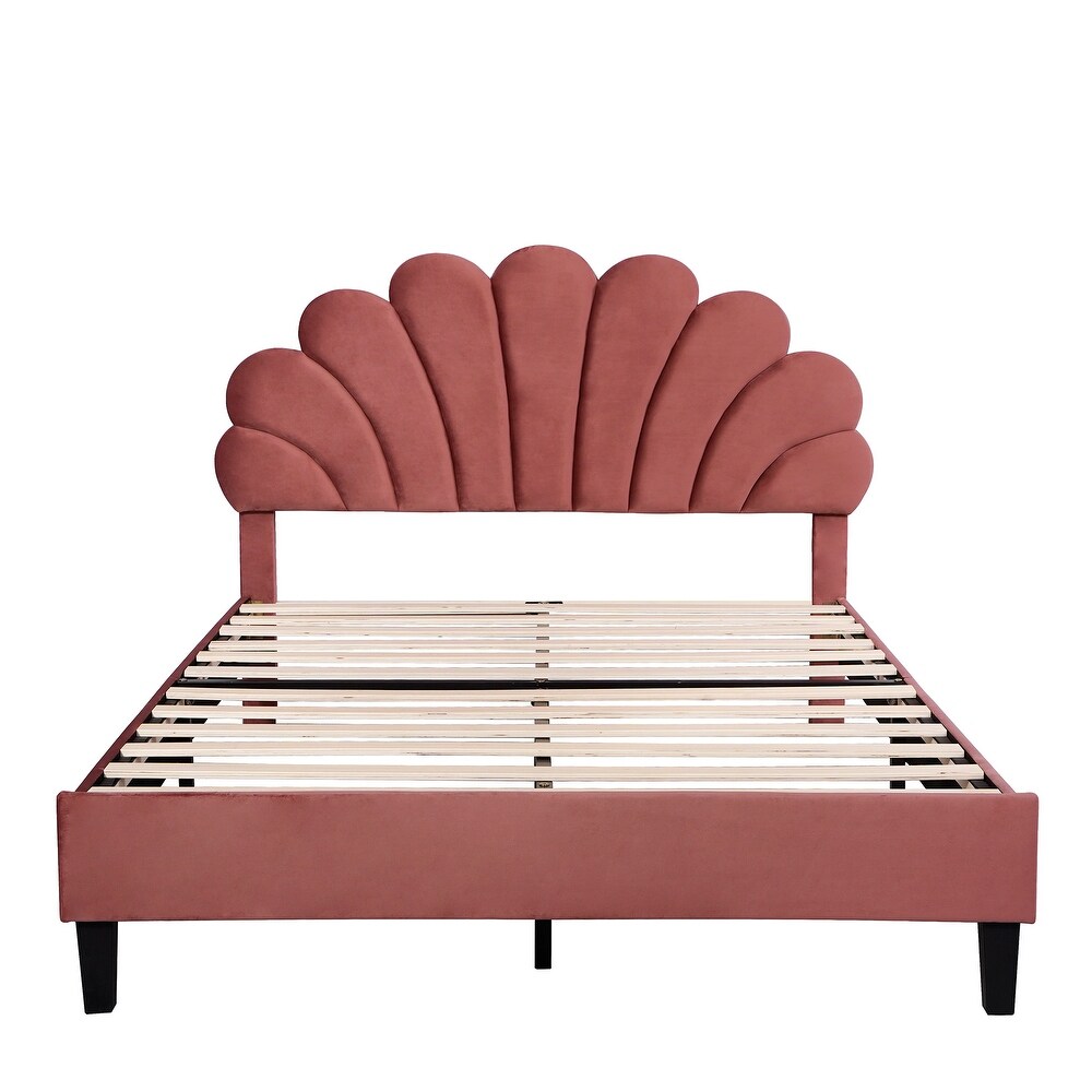 Far Ahead Theme Velvet Platform Bed Upholstered Bed with Flowers Shaped Headboard  Wood Slat Platform Bed for Bedroom