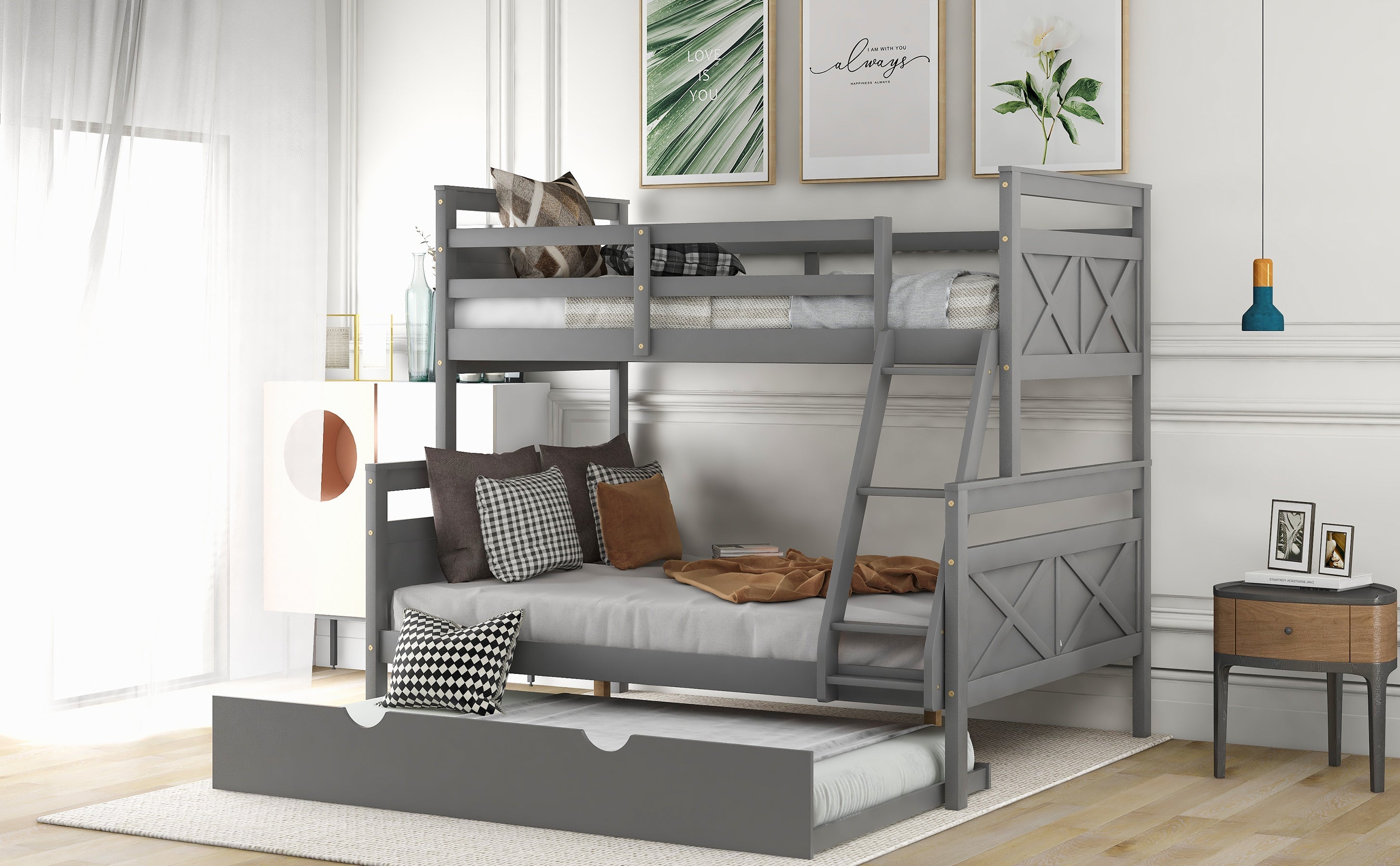 Euroco Wood Twin over Full Bunk Bed with Trundle for Kids & Adults Bedroom, Gray