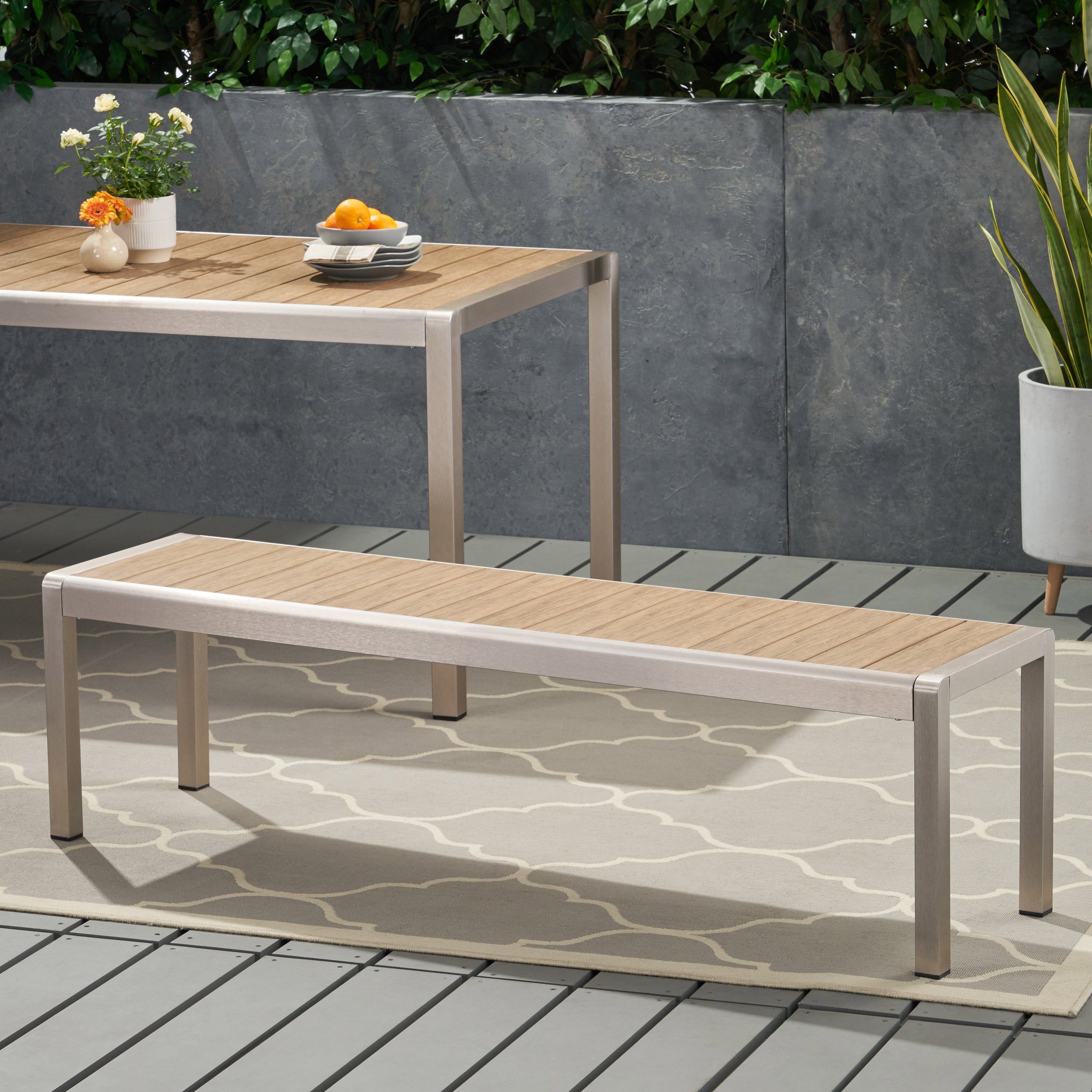 Cherie Outdoor Modern Aluminum Dining Bench with Faux Wood Seat