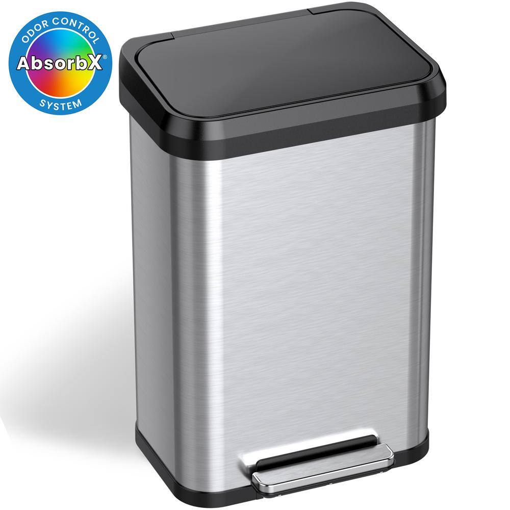 iTouchless 13.2 Gal SoftStep Stainless Steel Step Pedal Trash Can with Plastic Lid and Odor Filter 50L Kitchen Home Office Bin PP13RSB