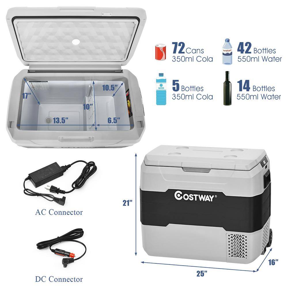 Costway Gray Portable 53 QT50 L with Wheels Chest Cooler Car Refrigerator -4F to 50F Dual-Zone EP24943GR