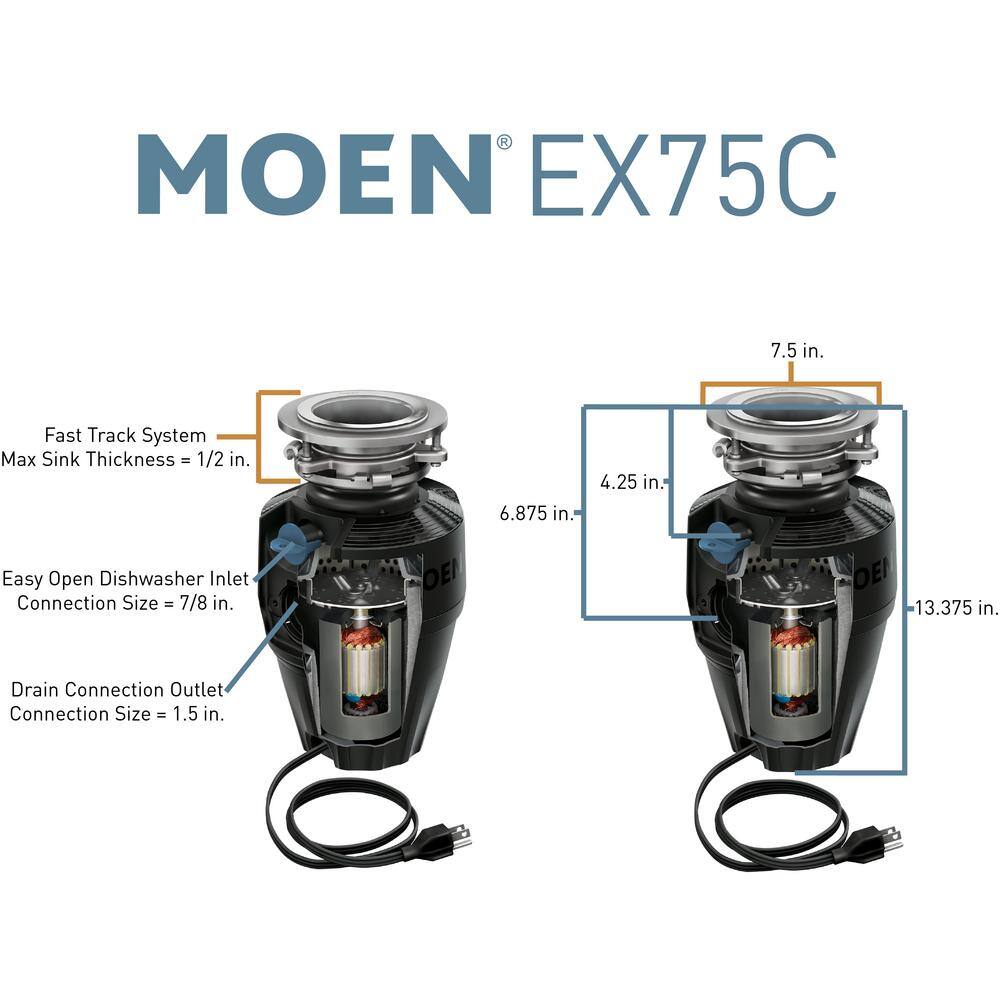 MOEN Host Series 34 HP Continuous Feed Space Saving Garbage Disposal with Sound Reduction and Universal Mount EX75C