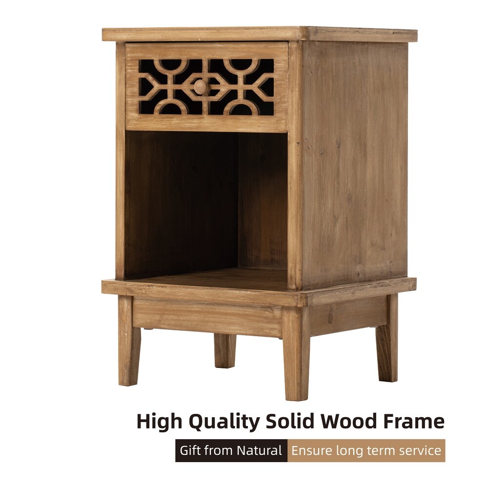 COZAYH Retro Rustic Nightstand Solid Fir End Table Side Table with Hand Carved Front and Open Shelf for Boho  Farmhouse