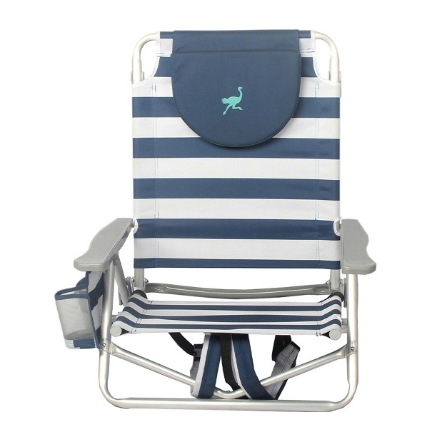 Ostrich On your back Sand Chair With Zippered Side Pocket And On your back Outdoor 5 position Reclining Beach Chair With Backpack Strap Striped Blue