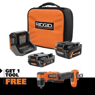 RIDGID 18V MAX Output Kit with 4.0 Ah MAX Output Battery 2.0 Ah Battery Charger  18V SubCompact Brushless Right Angle Drill AC8400240SB-R87701B