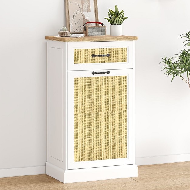 Trinity Tilt Out Trash Cabinet With Natural Rattan Hidden Trash Can Cabinet Freestanding Garbage Bin Cabinet For Kitchen Dining Living Room