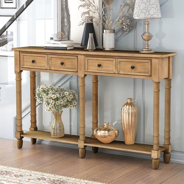 Console Table Easy Assembly with Two Storage Drawers and Bottom Shelf for Living Room