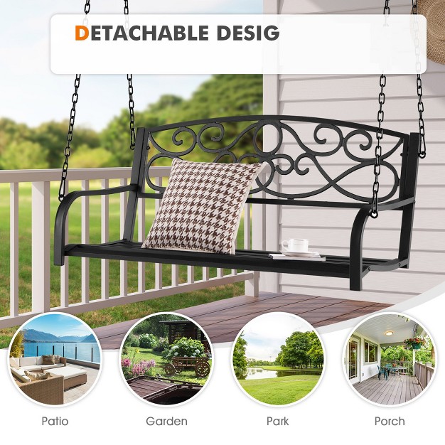 Tangkula Patio Hanging Porch Swing Outdoor 2 person Metal Swing Bench Chair W Chains