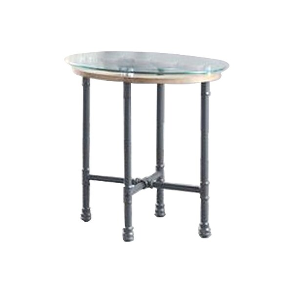 End Table with Round Glass Top and Metal Pipe Style Legs， Gray