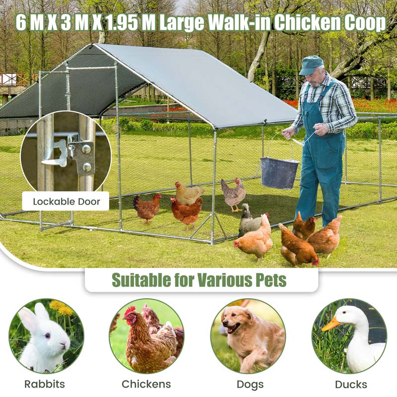 20 x 10 FT Half Spire Large Metal Chicken Coop Walk-in Poultry Cage Hen Duck Rabbit Run House with Cover