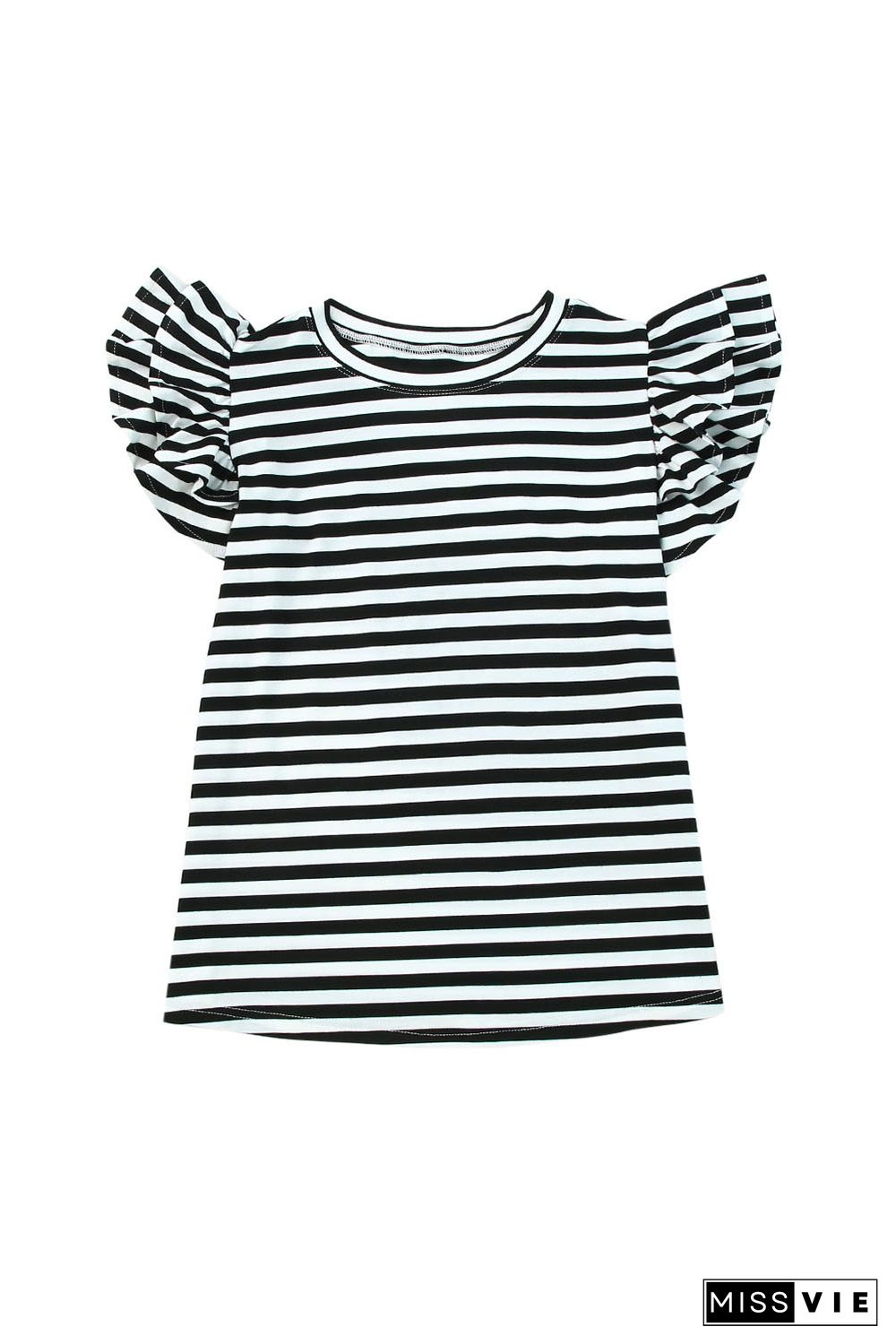 White Stripe Print Tiered Ruffled Sleeve Tee