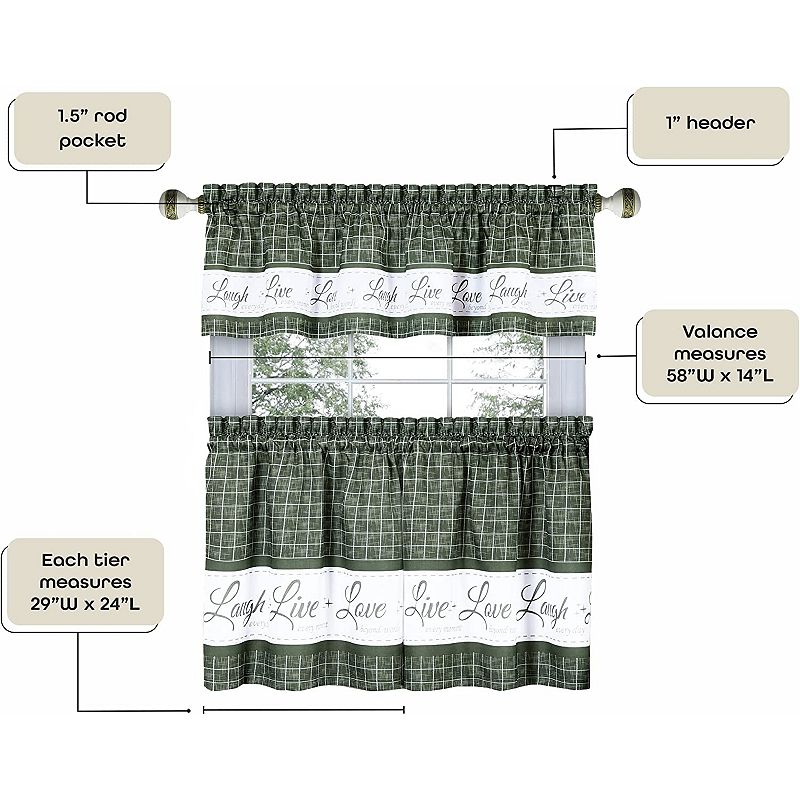 Kate Aurora Country Farmhouse Gingham Plaid Check Live~Laugh~Love 3 Pc Kitchen Curtain Set