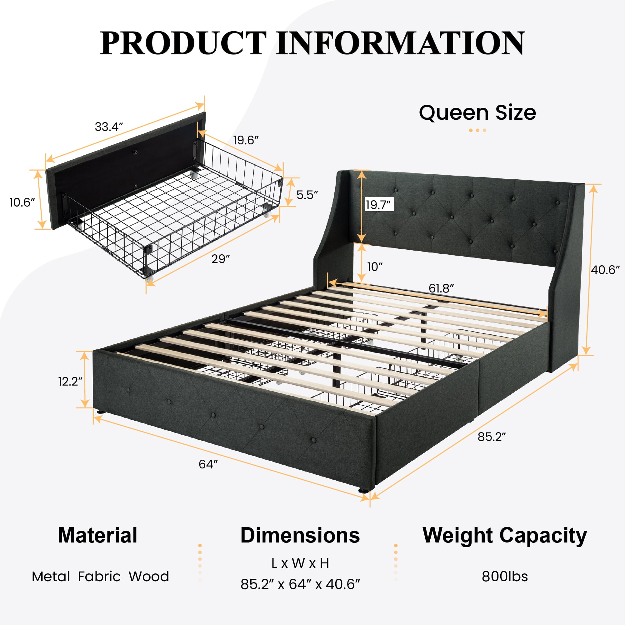 SHA CERLIN Upholstered Queen Size Platform Bed with 4 Storage Drawers and Wingback Headboard, Dark Grey