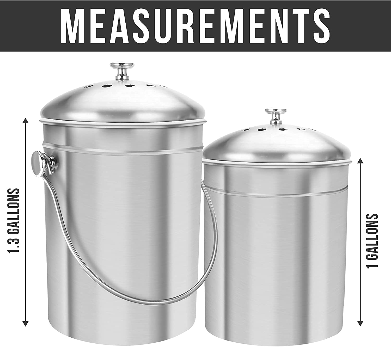 Golden HomeKitchen Set of 2 Stainless Steel Compost Bins for Kitchen Countertop - 1 and 1.3 Gallon Compost Bucket Set with Lids