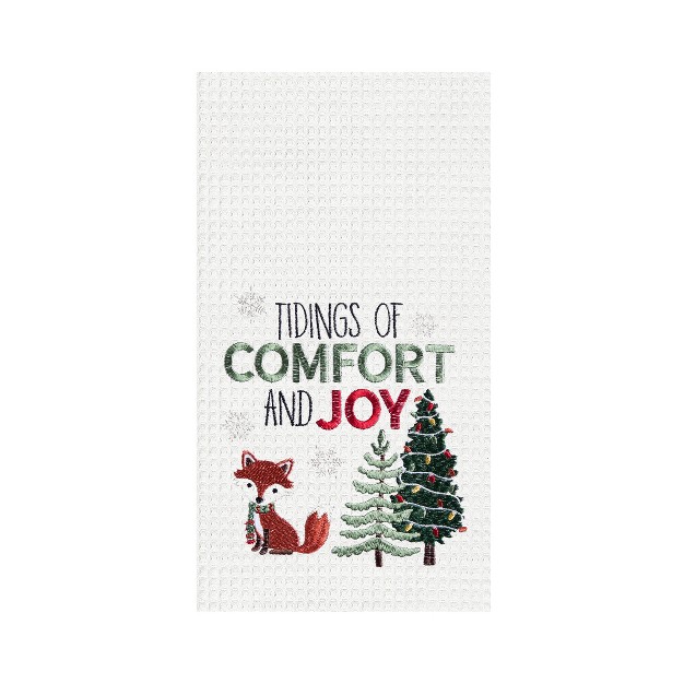 X 18 quot Christmas Holuiday quot tidings Of Comfort amp Joy quot Sentiment With Fox Embroidered Waffle Weave Cotton Kitchen Dish Towel