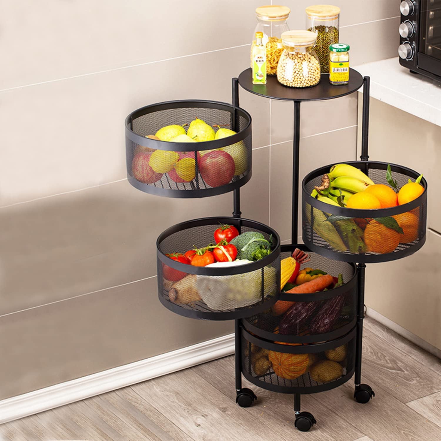 Fruit Vegetable Storage Basket Rolling Cart for Kitchen 5 Tier， Rotating Rack Bins Baskets for Shelving， Food Organizer Utility Carts Metal Shelf Stand with Wheels Drawers for Bathroom， Living Room