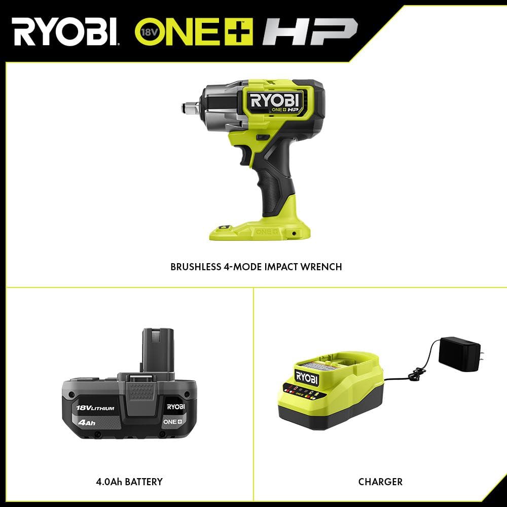 RYOBI ONE+ HP 18V Brushless Cordless 4-Mode 1/2 in. Impact Wrench Kit w/ 4.0 Ah HIGH PERFORMANCE Lithium-Ion Battery & Charger P262K1