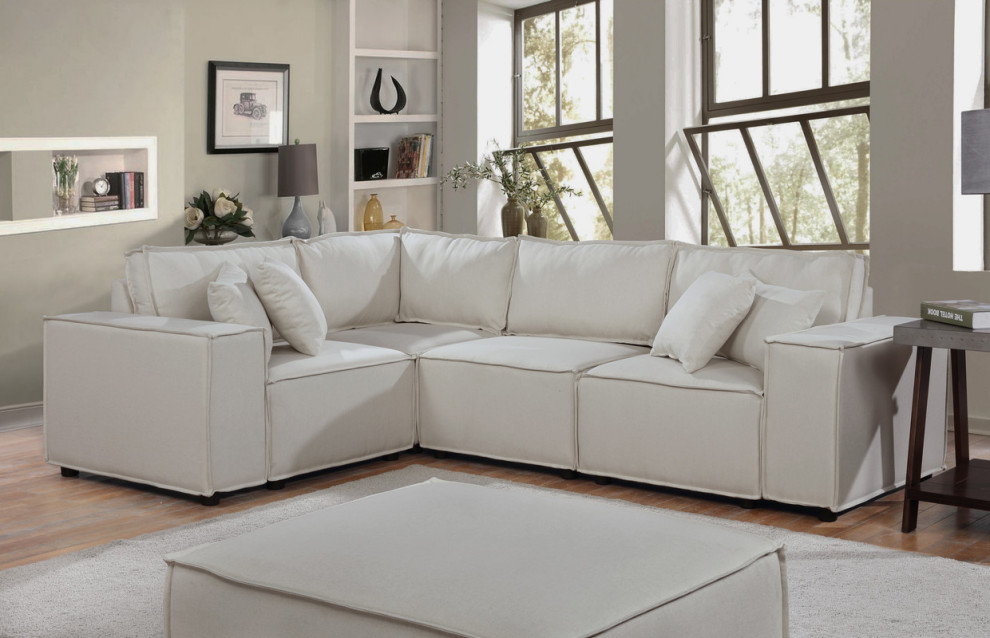 Lilola Home Melrose Modular Sectional Sofa With Ottoman  Beige Linen   Transitional   Sectional Sofas   by Timeout PRO  Houzz