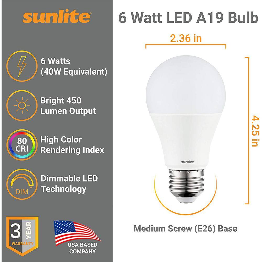 Sunlite 40-Watt Equivalent A19 Energy Star and Dimmable Medium E26 Base LED Light Bulb in Daylight 5000K (6-Pack) HD03191-6