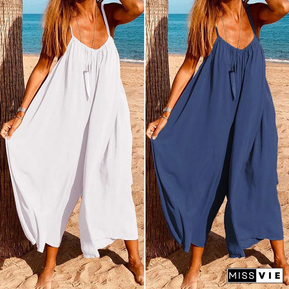 Plus Size Women's Fashion Sleeveless Casual Straps Wide Leg Overalls Jumpsuits