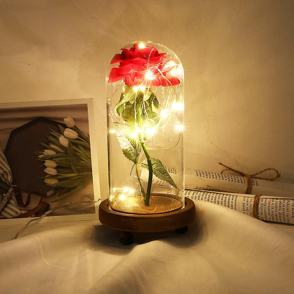 Led Rose Flower String Fairy Light Bottle Night Lamp Romantic Wedding Decor Glass Cover Wood Base For Christmas Birthday Gift Brown