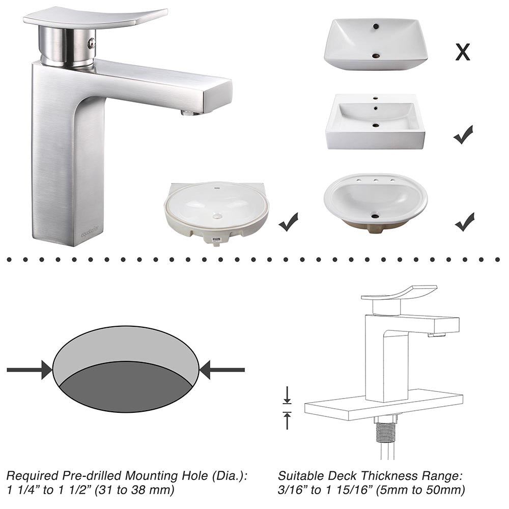 Aquaterior Bathroom Faucet Single Hole Square 1-Handle Cold Hot 7.5