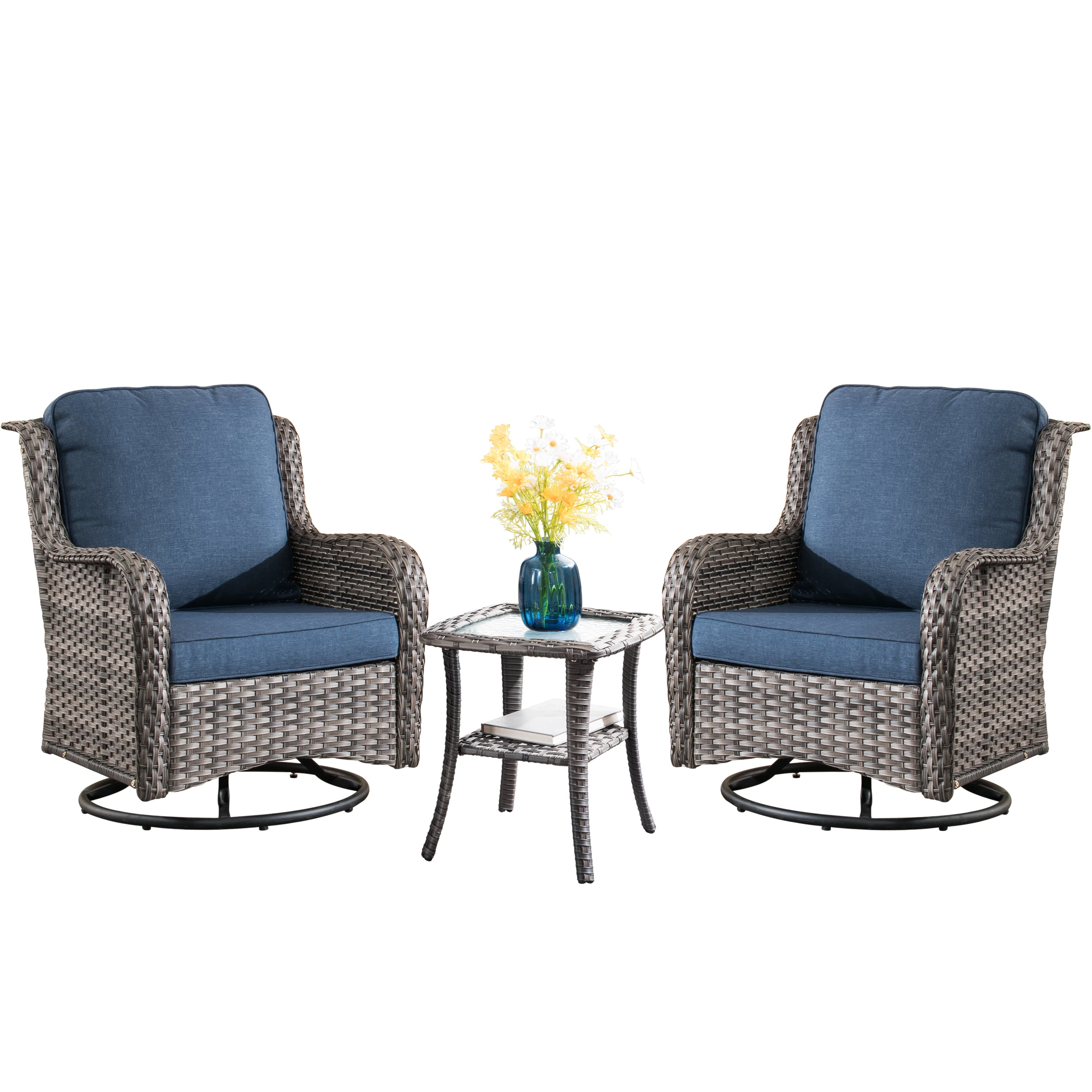 Ovios 3 Pieces Outdoor Furniture Wicker Patio Bistro set with 360 Degree Swivel Chairs and Soft Cushions for Garden Backyard， Denim Blue