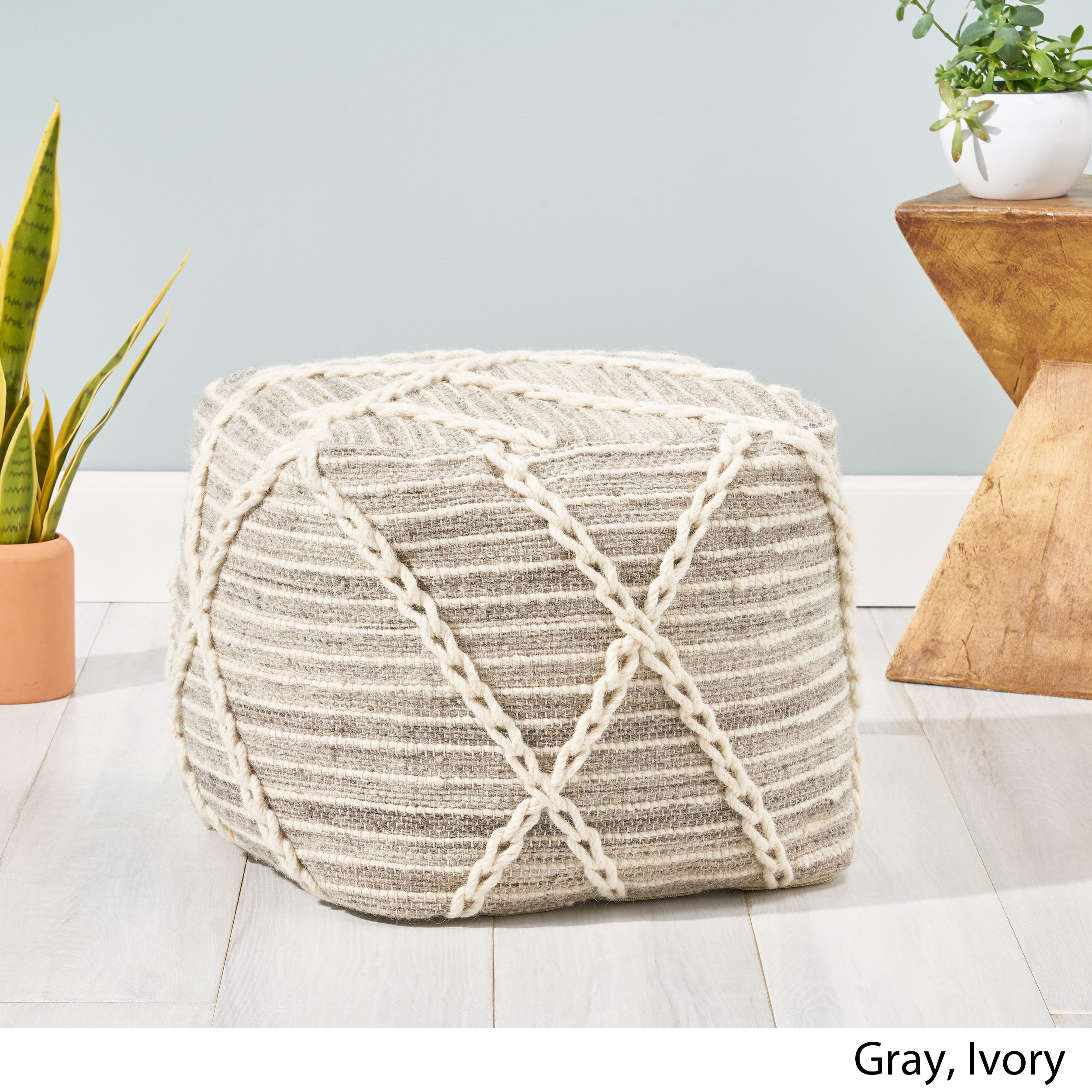 Naylea Contemporary Wool and Cotton Pouf Ottoman