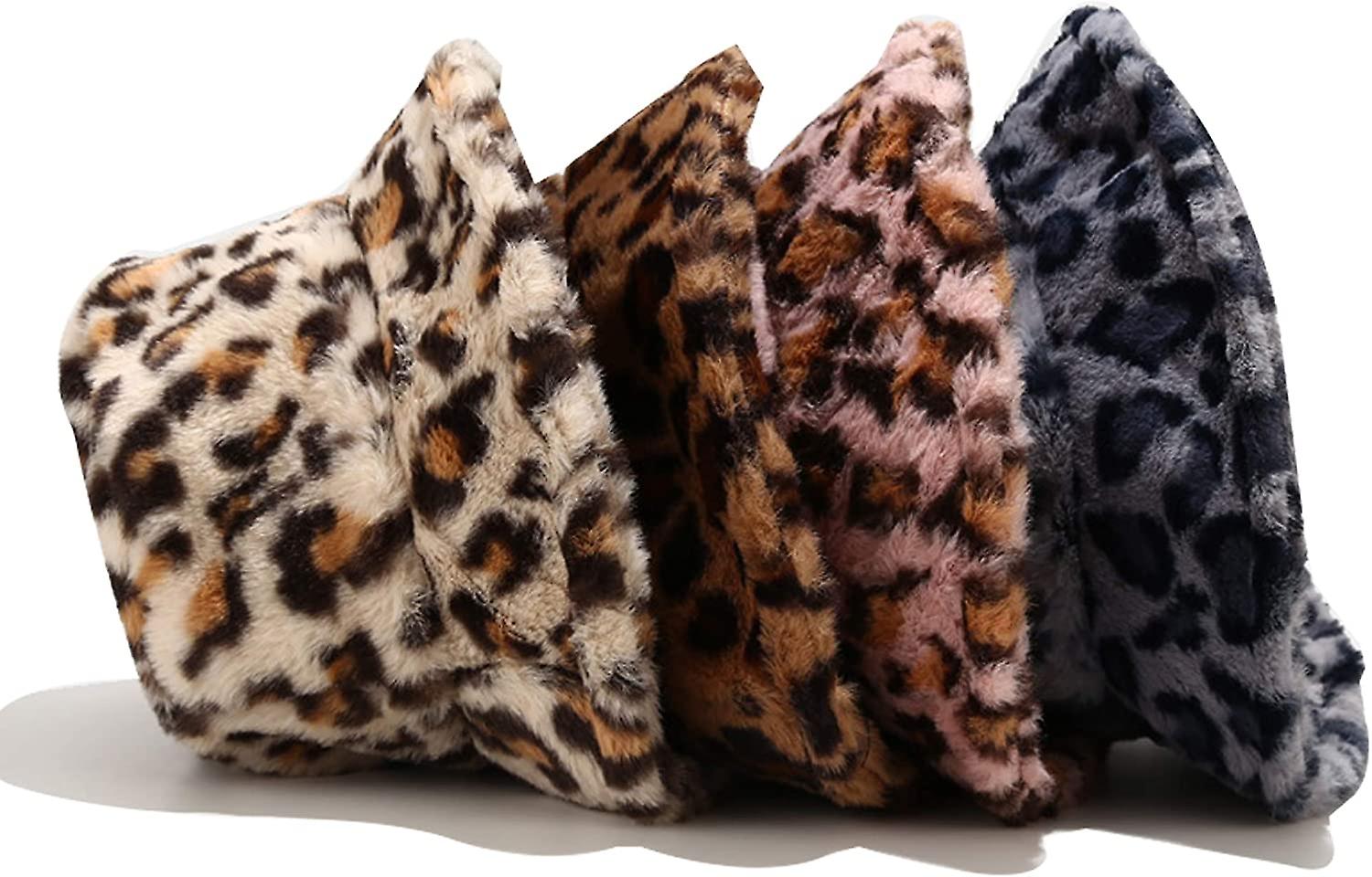 Winter Faux Fur Bucket Hat Fluffy Warm Hat For Women Men Small Leopard Pink -