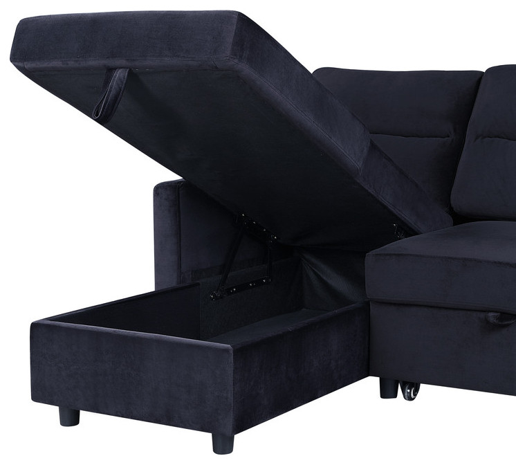 Ivy Black Velvet Reversible Sleeper Sectional Sofa  Storage Chaise  Side Pocket   Transitional   Sleeper Sofas   by Lilola Home  Houzz