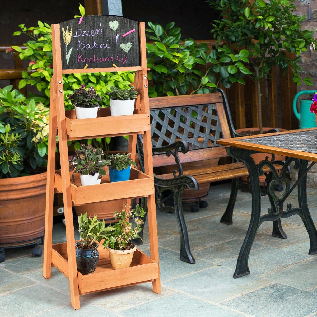 Freestanding Wooden Chalkboard Sign Plant Stand with 3-Tier Display Shelf