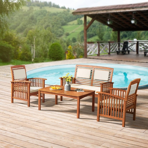 Lyndon 4pc Eucalyptus Wood Outdoor Conversation Set With Bench Chairs amp Table Alaterre Furniture