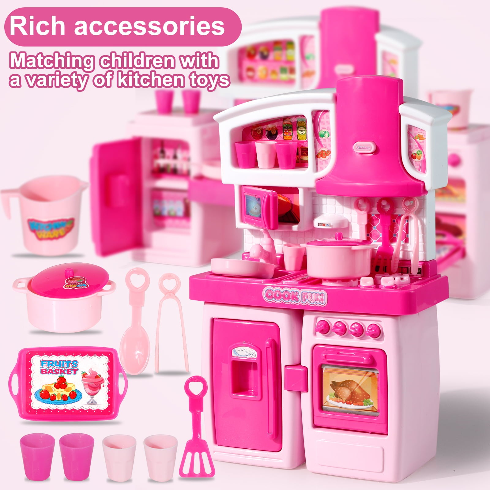 Play Kitchen Toys for Girls 3-6 Years Mini Oven Playset Pretend Food Cooking Pink Kitchen Toys for Toddlers Sounds and Light Stove (Miniature - Barbie doll Size)