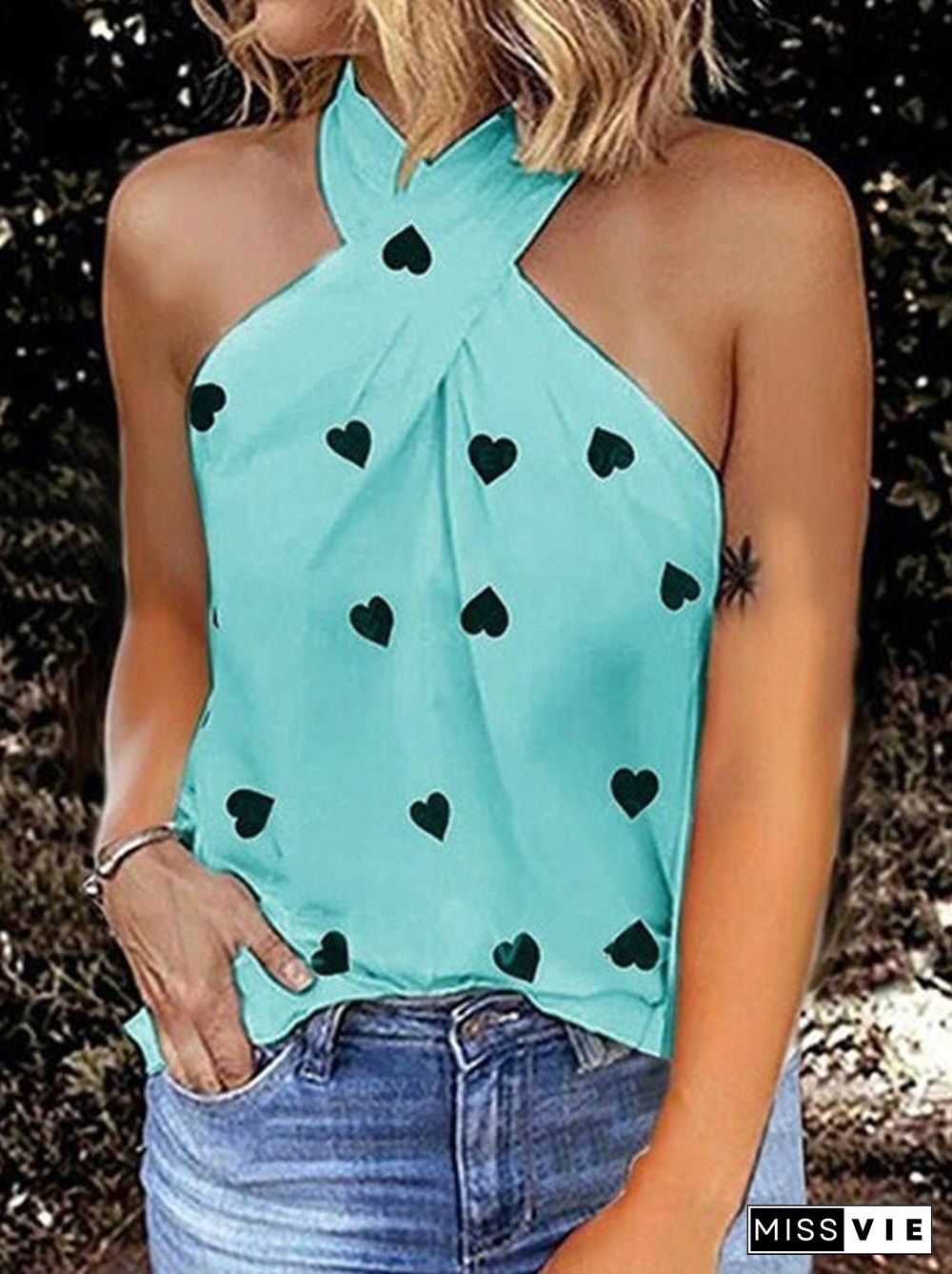 Women'S Tank Tops Heart Print Halter Off Shoulder Sleeveless Tank Top