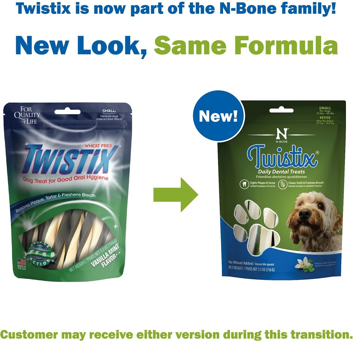 N-Bone Twistix Vanilla Mint Flavored Small Dental Dog Treats， 5.5-oz bag， Count Varies