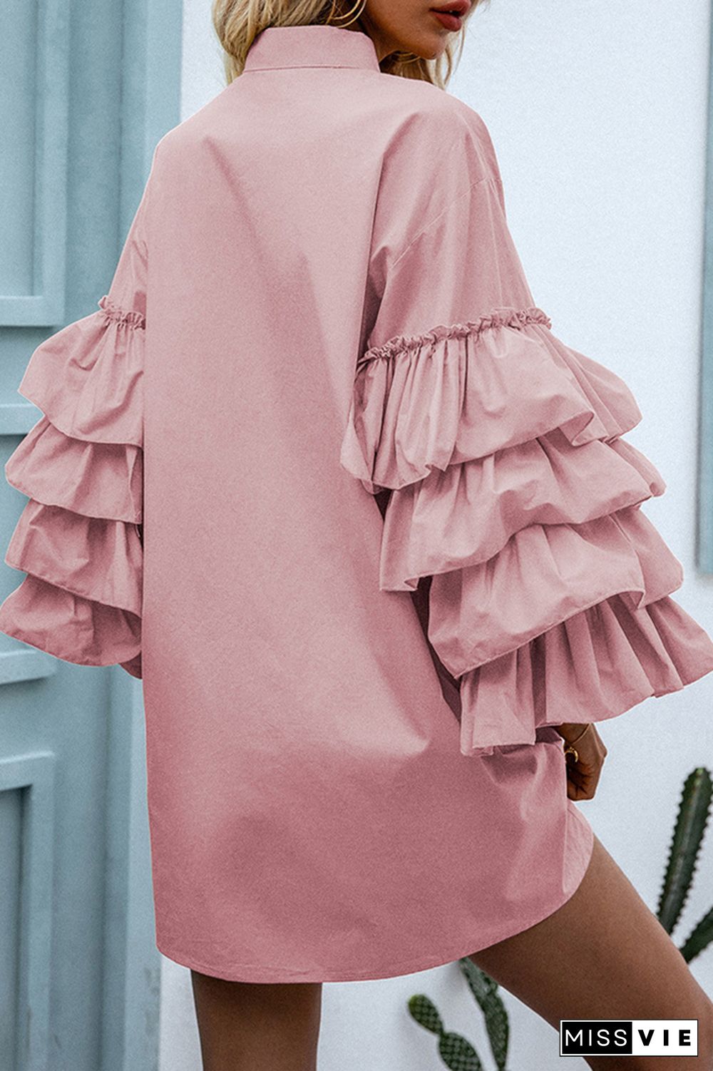 Pink Pile Ruffle Sleeves Button Up Shirt Dress