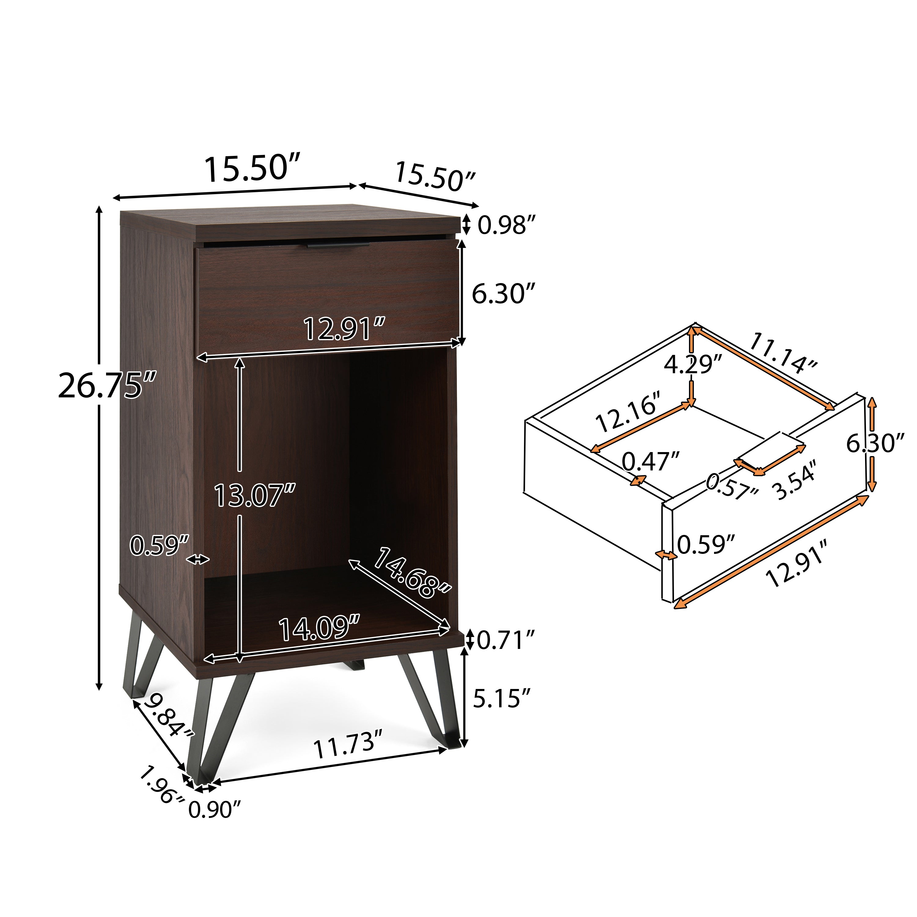 Demijen Modern Industrial Tall Nightstand with Drawer, Walnut and Matte Black