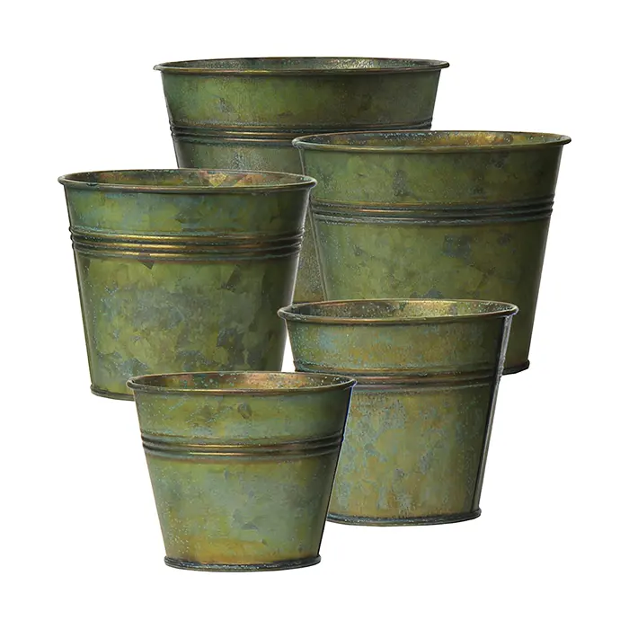 Set of 5 Plant Pots Outdoor Galvanized Planter Garden  Metal Plant Pots Vintage Zinc Round Bucket Flower Pot Rustic