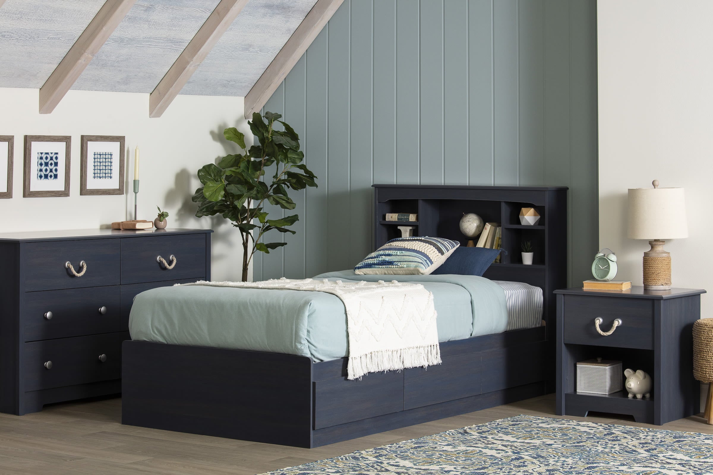 South Shore Aviron Twin Bookcase Headboard 39'', Blueberry