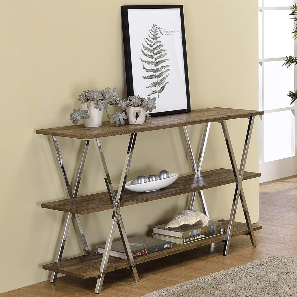 Industrial Console Table  Chrome X Shaped Legs With Dark Oak Top and Shelves   Transitional   Console Tables   by Decorn  Houzz