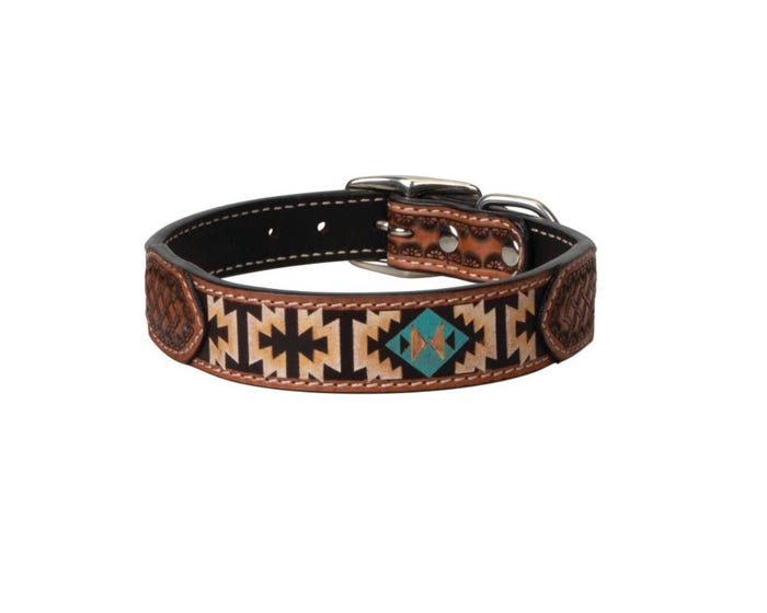 Weaver Pet Leather Dog Collar， Painted Aztec， 3/4