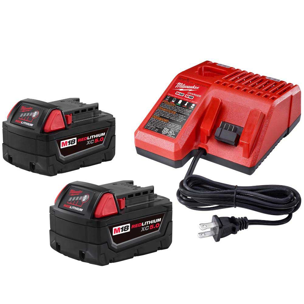 Milwaukee M18 REDLITHIUM XC 5.0Ah Battery 2pk and Charger Starter Kit ;