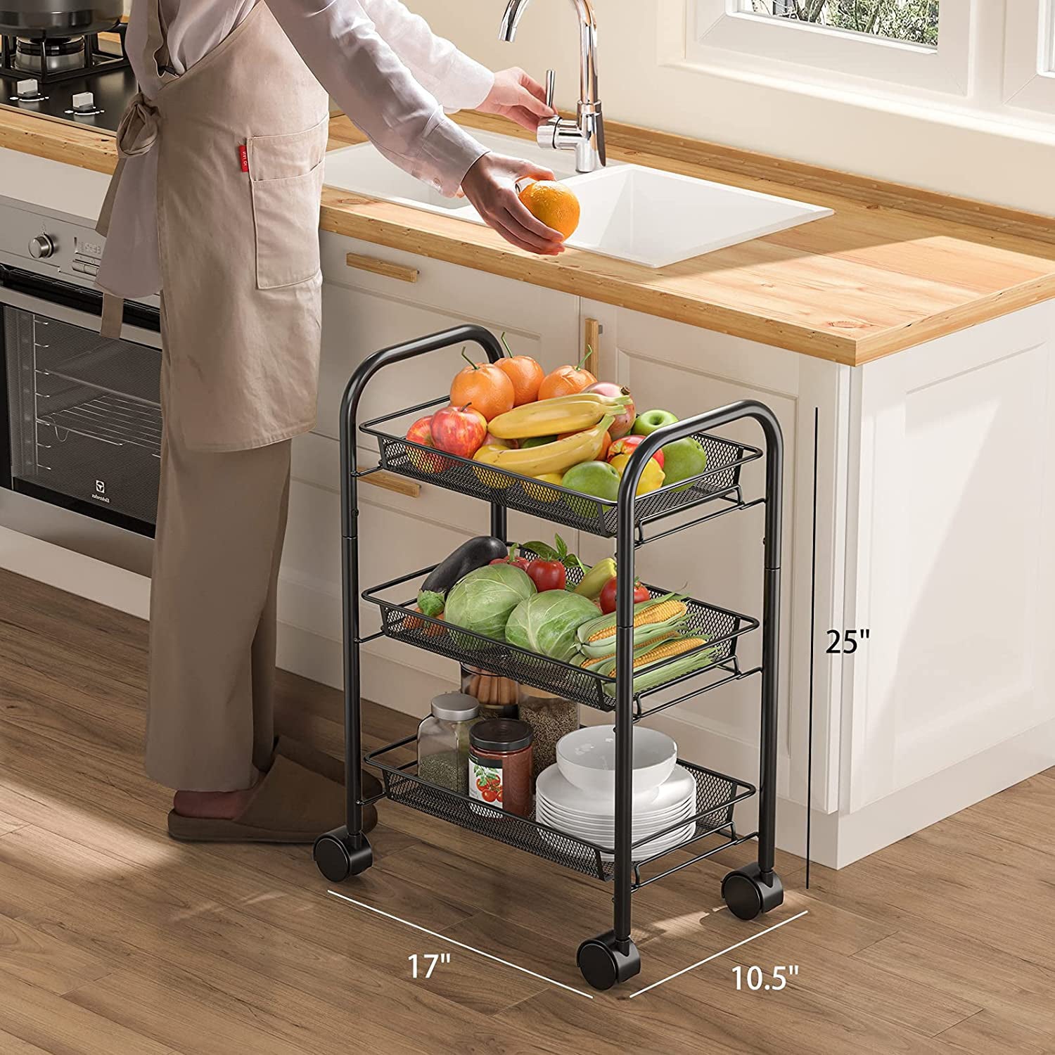 AMERIERGO 3-Tier Rolling Utility Cart Multifunction Metal Storage Cart with 3 Wire Baskets and Lockable Wheels for Home， Office， Kitchen， Bathroom， Bedroom