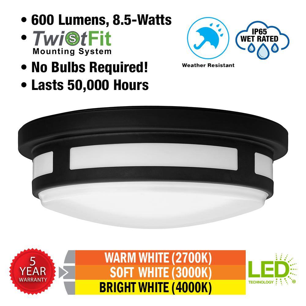 Hampton Bay 9 in. 1-Light Round Black Indoor Outdoor Integrated LED Flush Mount Ceiling Light 600 Lumens 2700K 3000K 4000K (12-Pack) 564291010-12PK